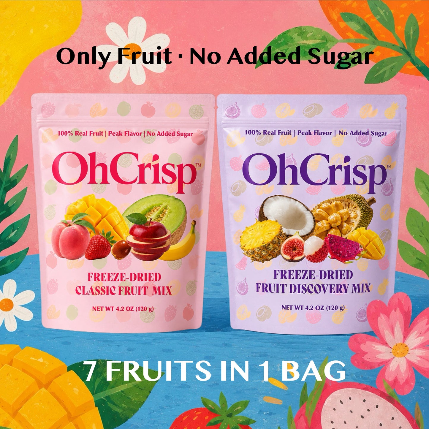 OhCrisp freeze-dried fruit mix with 7 fruits in one bag