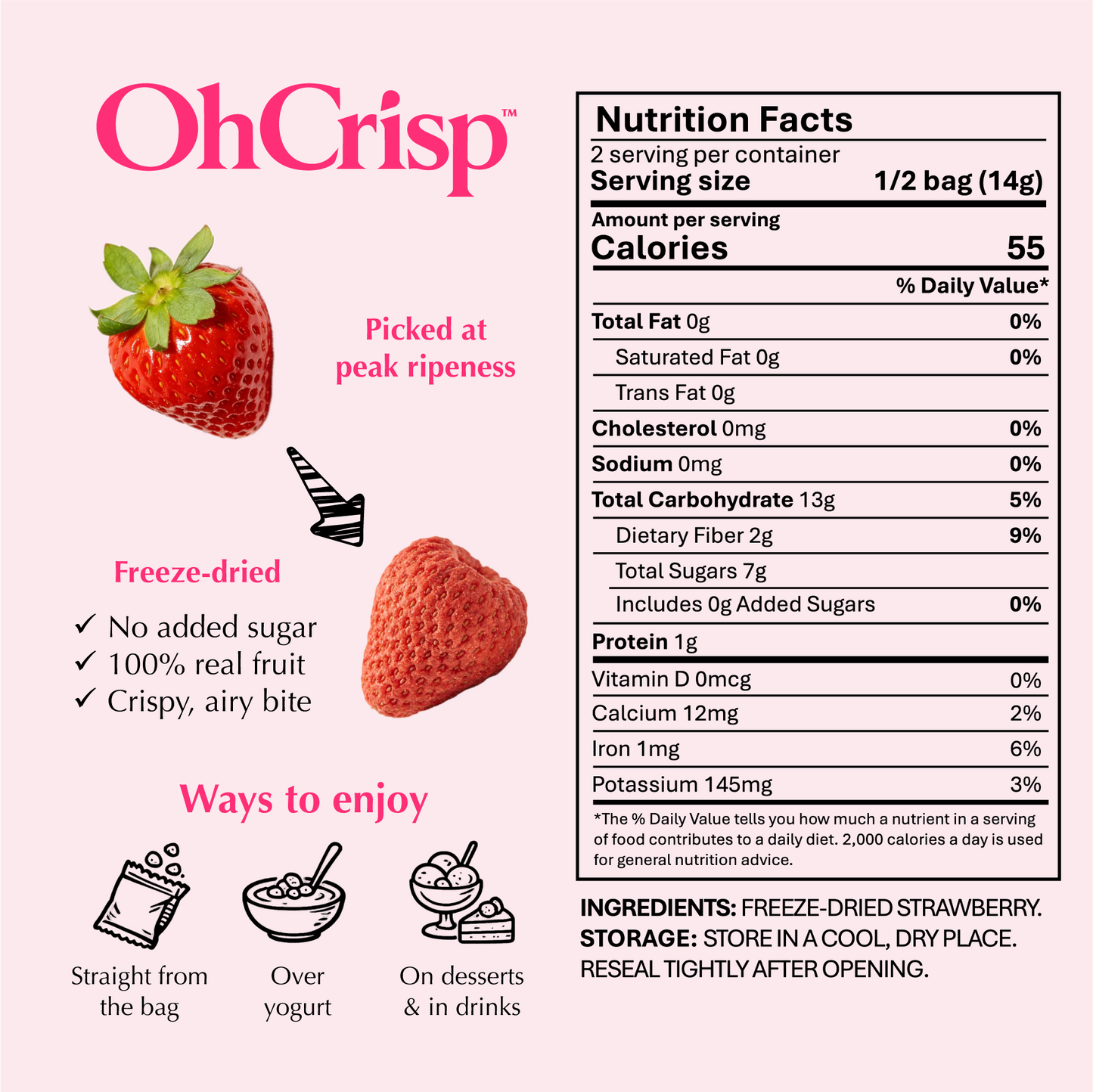 Back of OhCrisp freeze-dried strawberries bag with open tins
