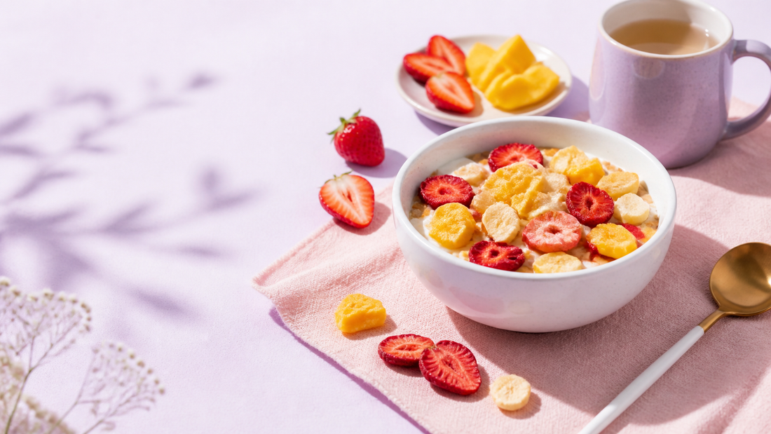 White cereal bowl topped with colorful freeze-dried strawberries mango and apples on a blush breakfast table