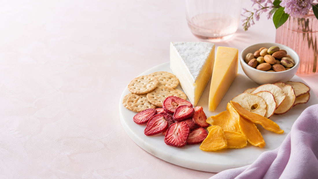 A soft pink and white cheese board scene with brie, crackers, freeze-dried strawberries and mango, pale lavender accents, and clean negative space for Best Freeze-Dried Fruit for Cheese Boards.