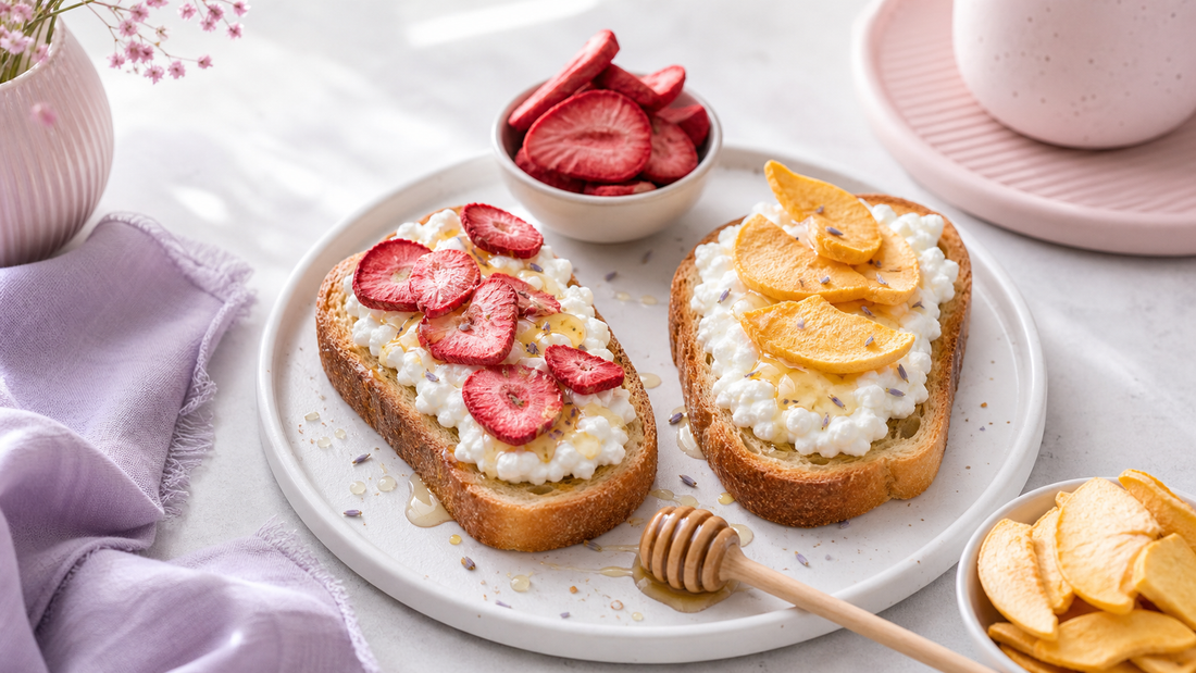 White plate with two slices of cottage cheese toast topped with freeze-dried strawberries and peaches in soft pink and lavender brunch styling