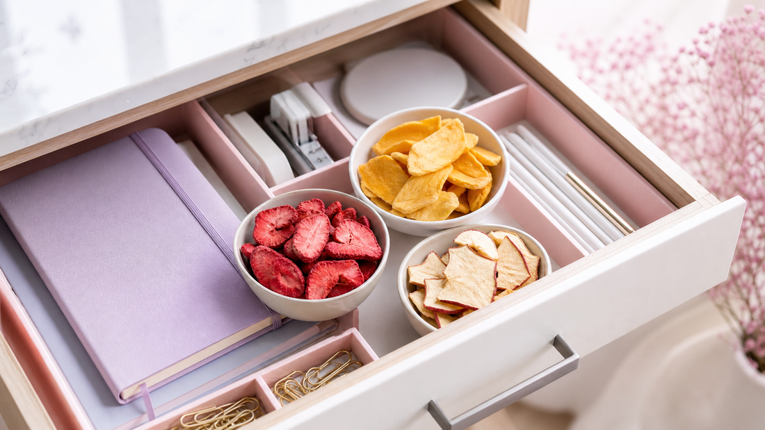 Open blush desk drawer with a lavender notebook and white bowls of freeze-dried strawberries, mango, and apples arranged for snacking