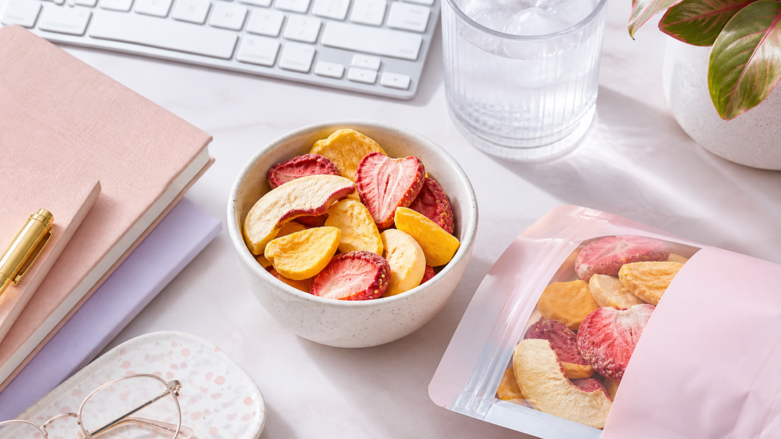 Summer office desk setup with a white keyboard, iced water, and bowls of freeze-dried strawberries, mango, and apples on blush and lavender accents
