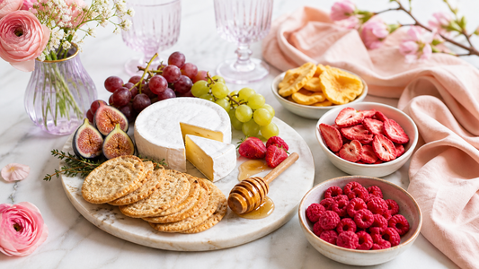 Brie and fruit board with crackers, honey, grapes, figs, and bowls of freeze-dried strawberries, raspberries, and peach pieces on a blush brunch table