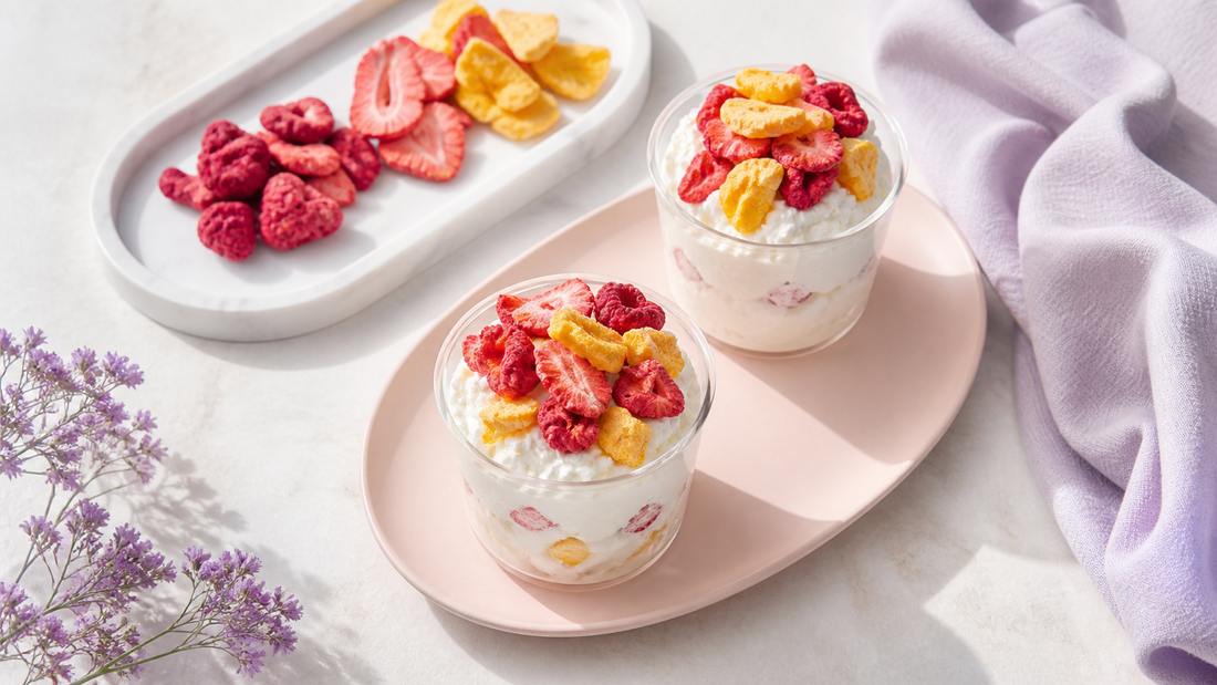 Two ricotta snack cups topped with freeze-dried berries and mango on a blush and white brunch-style tabletop