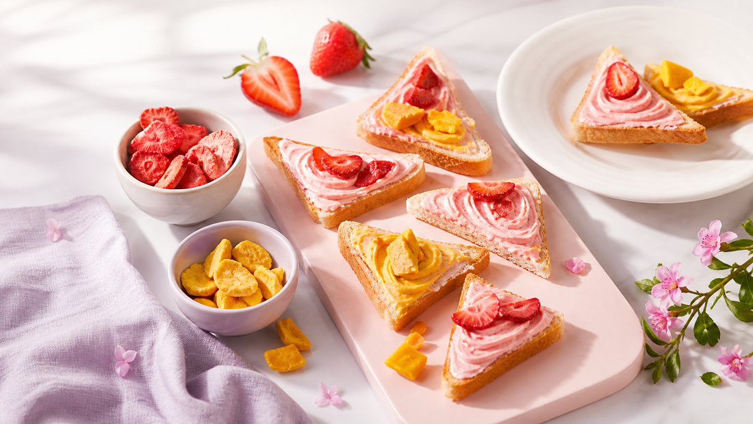 Brunch toast board with fruit butter swirls toast points and bowls of freeze-dried strawberries and mango