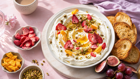 Labneh breakfast board with toast, freeze-dried strawberries, mango, and fresh fruit on a soft pink and white brunch table