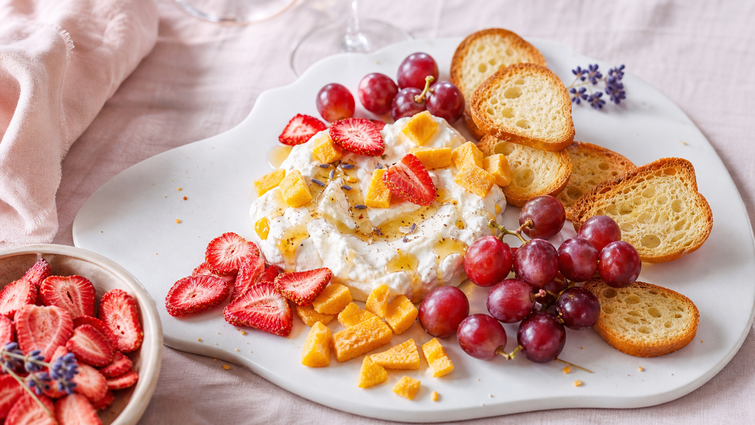 Light snack board with whipped ricotta, freeze-dried strawberries and mango, toast points, grapes, and pale pink brunch styling