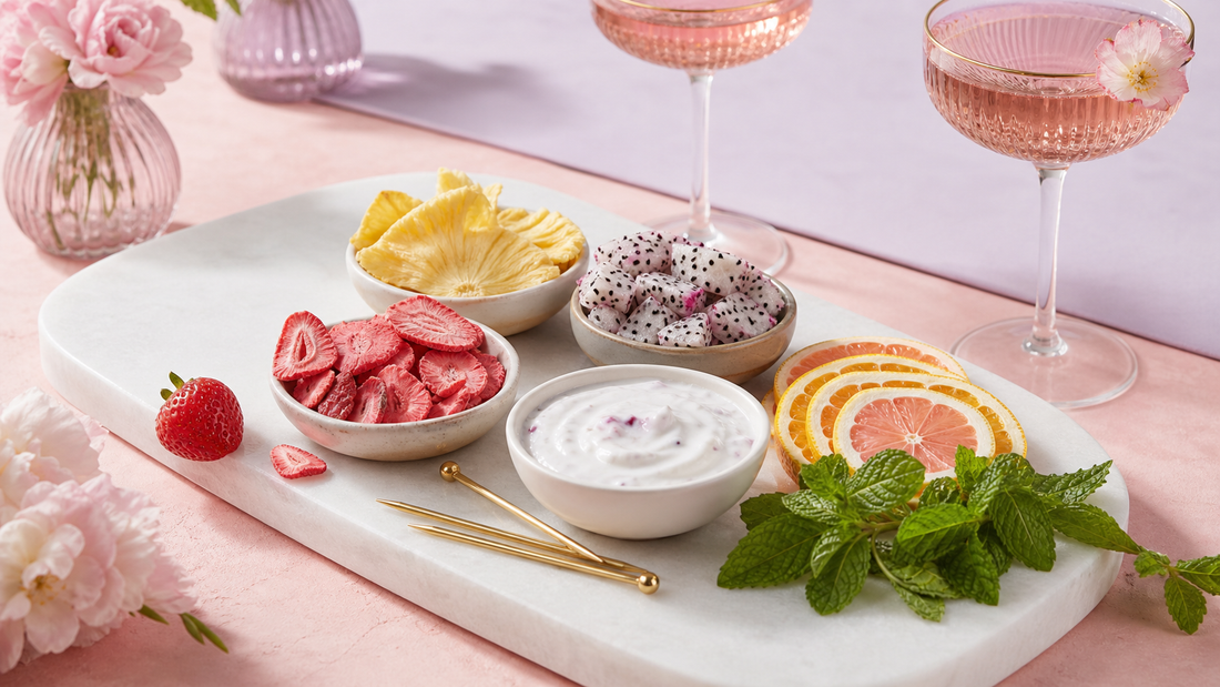 Pale pink mocktails with a white snack tray of freeze-dried fruit, citrus slices, mint, and yogurt dip on a blush and lavender table