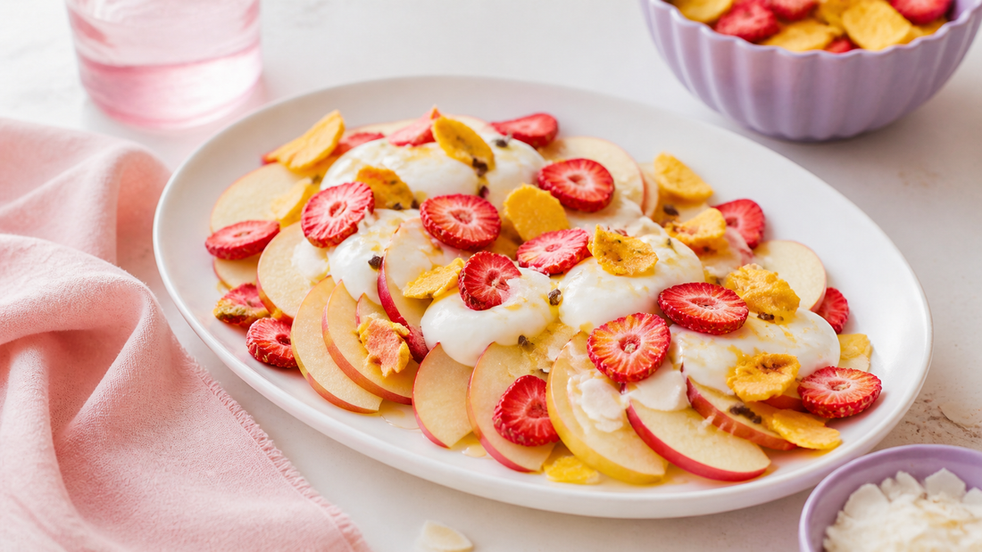 White platter of apple slices topped with vanilla yogurt, freeze-dried strawberries and mango, pale pink napkin, and lavender bowls in soft daylight