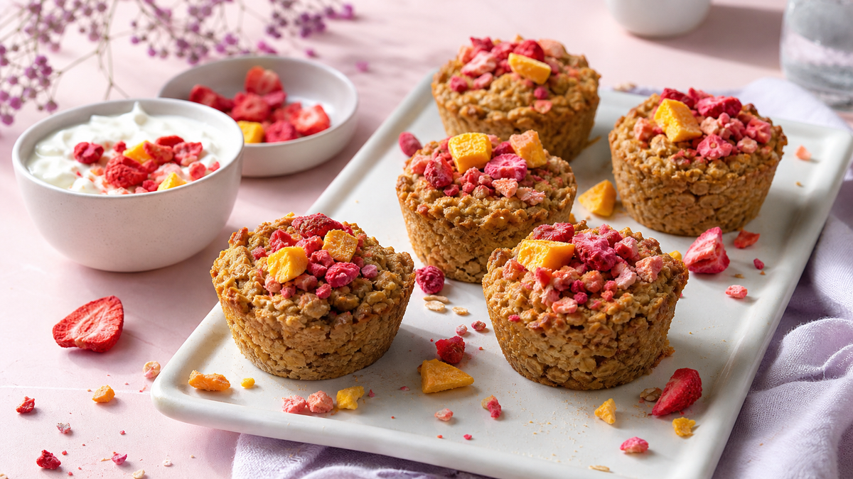 A blush-pink brunch table with golden baked oatmeal cups topped with crushed freeze-dried strawberries and mango on a white tray beside yogurt.