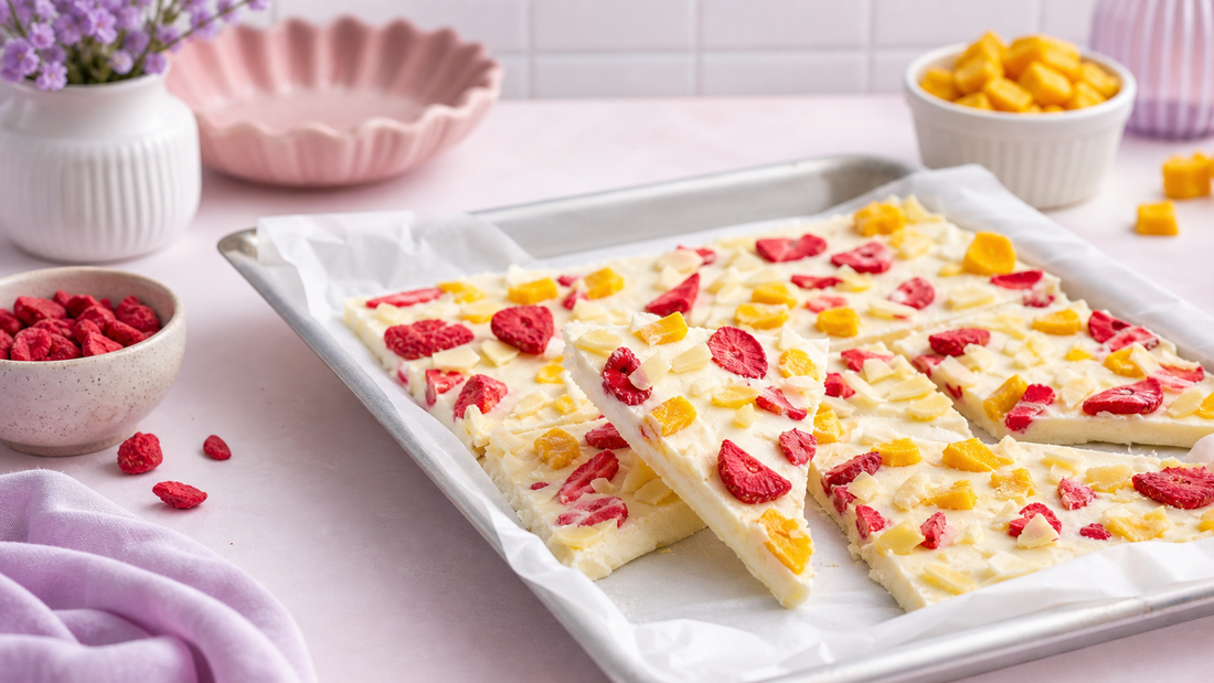 Frozen cottage cheese dessert bark with strawberry and mango freeze-dried fruit on parchment in a soft pink and white kitchen scene