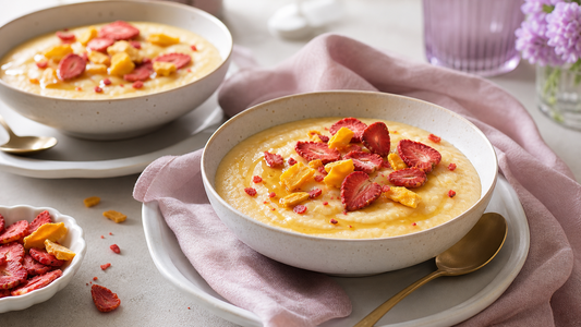 Soft pink and white brunch scene with creamy polenta bowls topped with freeze-dried strawberries, mango, and a drizzle of honey