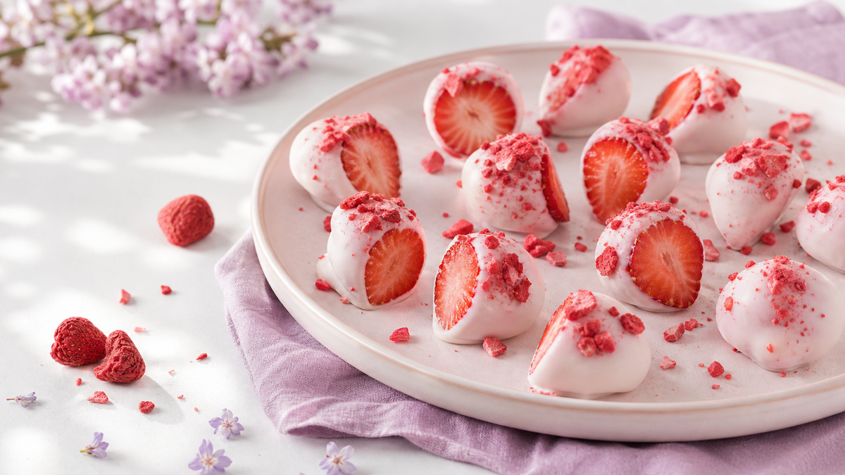 Pale pink plate of frozen yogurt-dipped strawberry bites topped with crushed freeze-dried strawberries on a lavender linen table setting