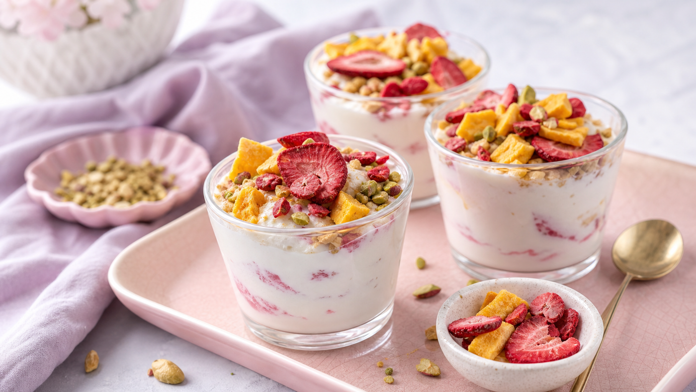 Small frozen yogurt sundae cups topped with freeze-dried strawberries and mango on a soft pink dessert tray