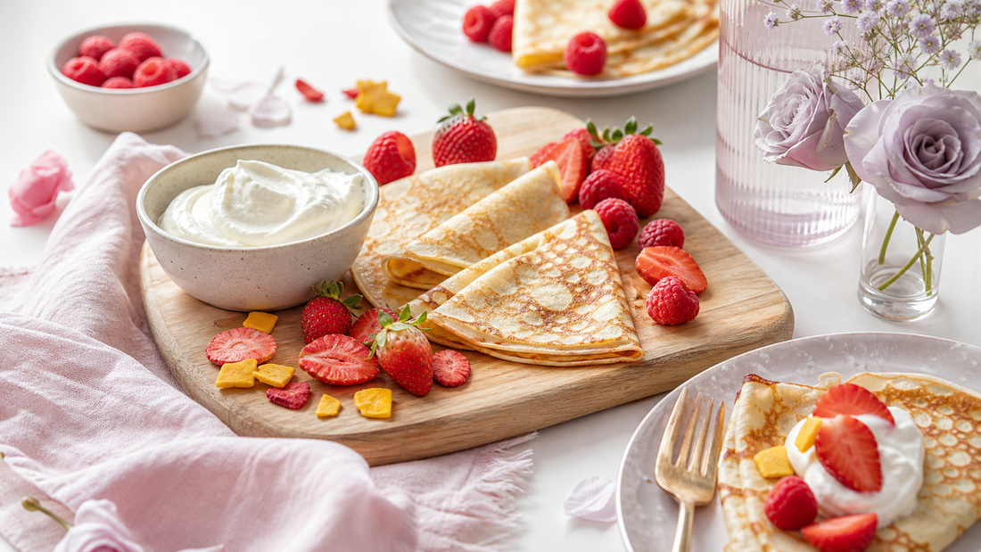 Editorial brunch board with folded mini crepes, whipped yogurt, strawberries, raspberries, and freeze-dried fruit on a pale pink and lavender table