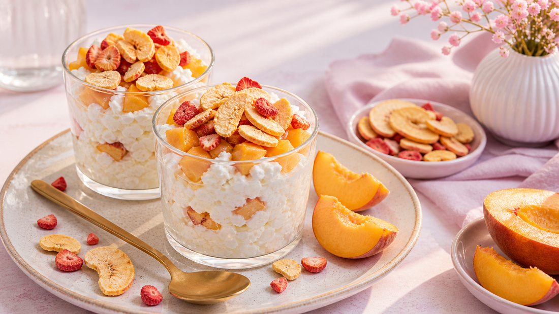 Bright breakfast scene with peach cottage cheese cups, freeze-dried peach slices, a gold spoon, and soft pink and white brunch styling