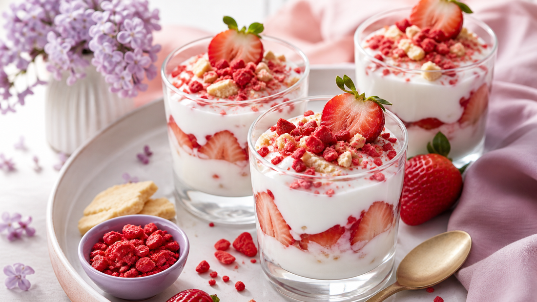 Three strawberries and cream yogurt cups topped with fresh strawberries, crushed freeze-dried strawberries, and buttery crumbs on a blush brunch tray