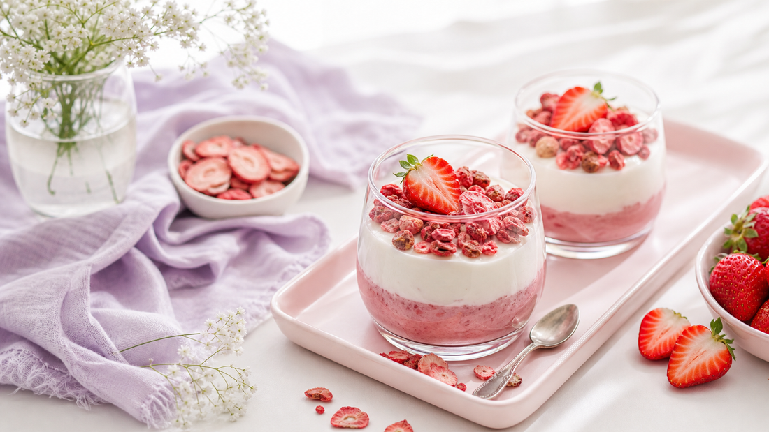 Two layered strawberry kefir breakfast cups topped with freeze-dried strawberries on a blush tray with fresh berries and lavender linen