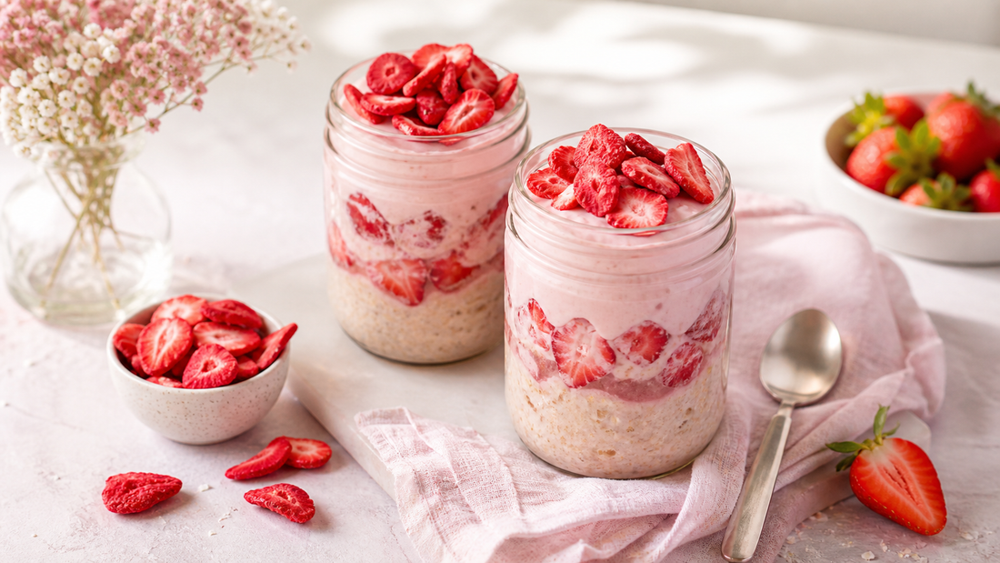 Bright brunch-style scene with strawberry overnight oats jars, freeze-dried strawberries, a linen napkin, and airy pink and white styling