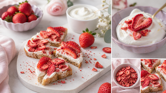 Strawberry yogurt toast points arranged on a white board with whipped yogurt, fresh strawberries, and freeze-dried strawberry pieces in a soft pink brunch setting