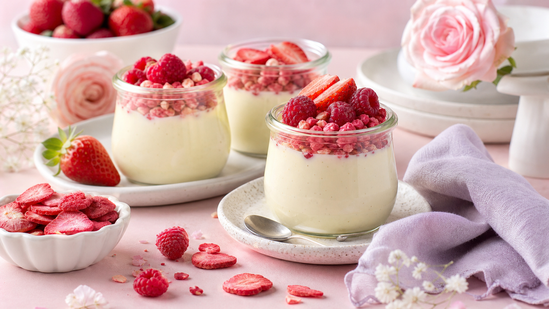 Airy dessert scene with vanilla pudding cups, scattered freeze-dried berries, blush pink linens, and pale lavender styling
