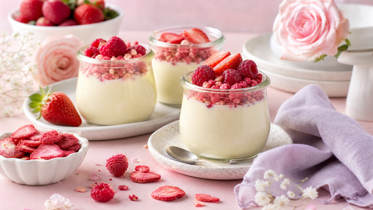 Airy dessert scene with vanilla pudding cups, scattered freeze-dried berries, blush pink linens, and pale lavender styling