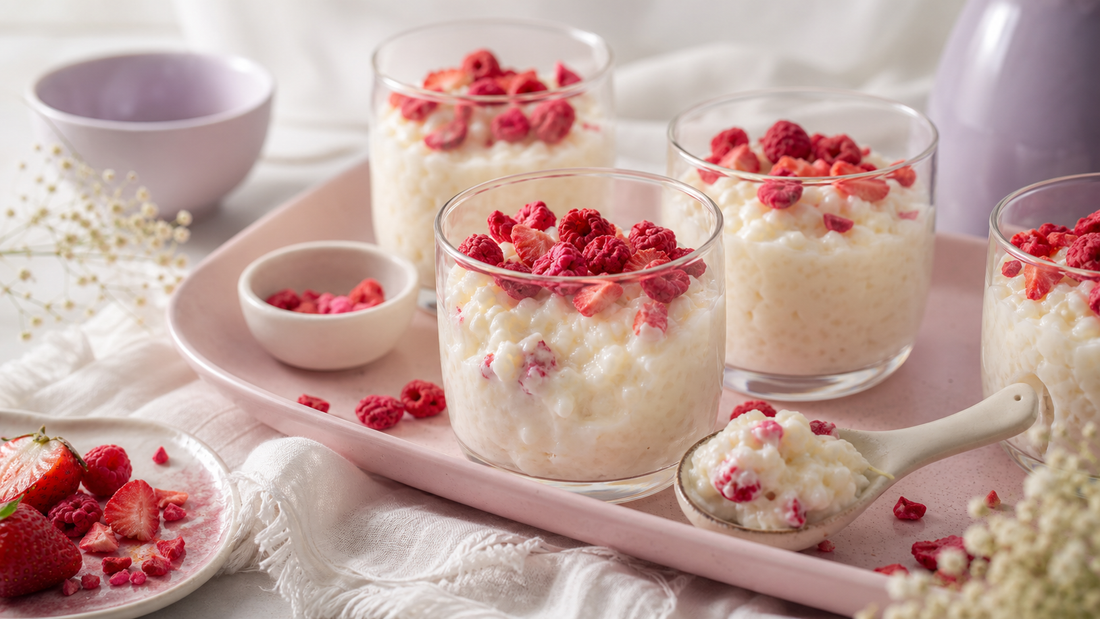 Small glass cups of vanilla rice pudding topped with freeze-dried strawberries and raspberries on a pale pink brunch tray with gold spoons