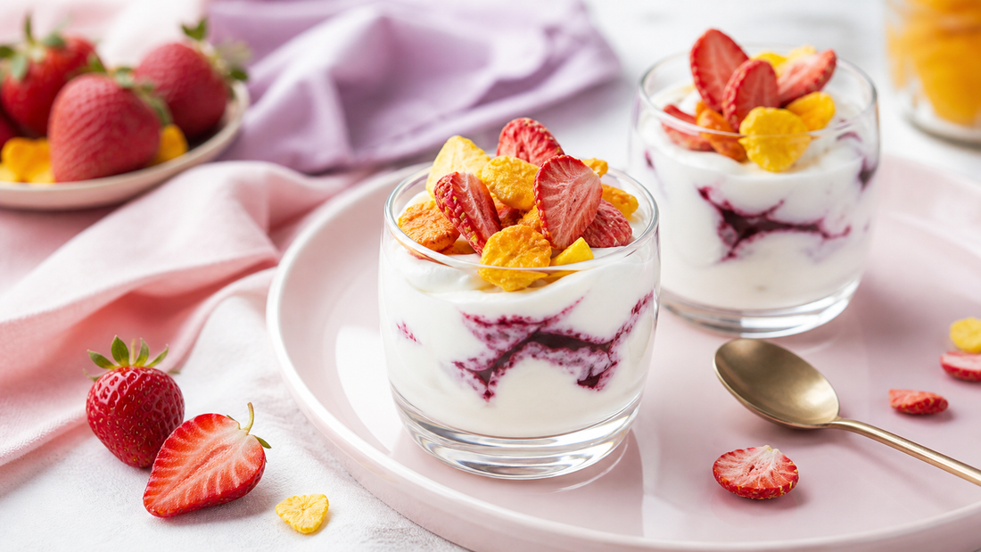 Glass skyr snack cups topped with freeze-dried strawberries and mango on a soft pink breakfast tray with pale lavender styling