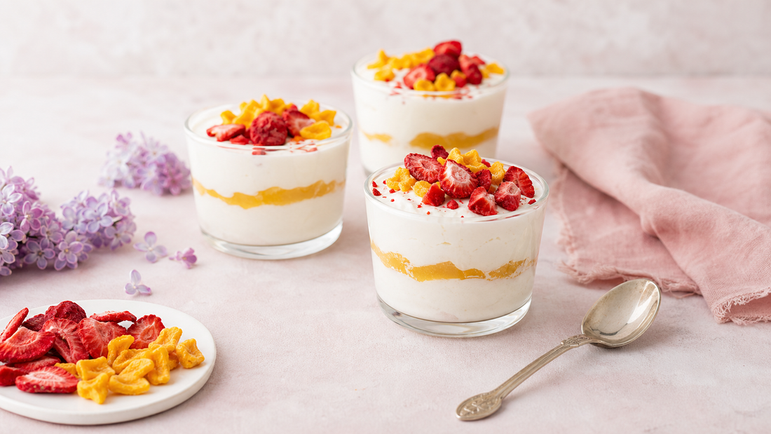 Three small glass whipped ricotta dessert cups topped with freeze-dried strawberries and mango on a blush and lavender styled table