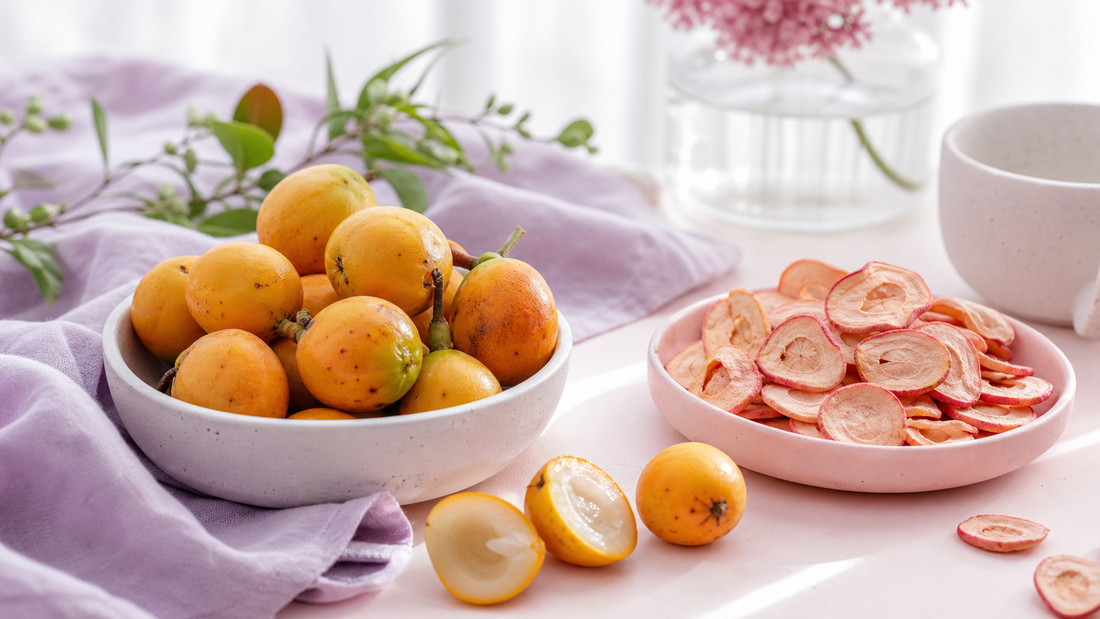 Ceramic bowl of ripe mangaba fruit with one halved open, a blush plate of freeze-dried fruit slices, lavender linen, and a pale cup on a bright white table