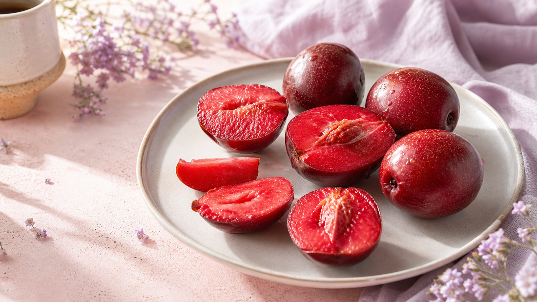 Sliced natal plums on white ceramic with blush pink linen and pale lavender styling in bright natural light