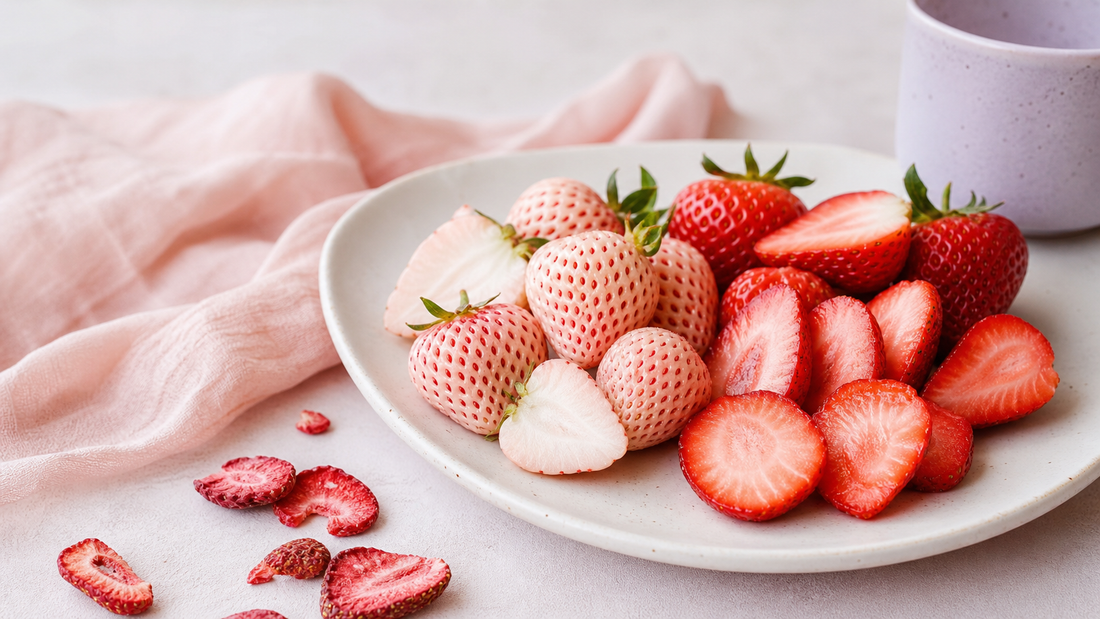 White plate with pineberries, sliced strawberries, freeze-dried strawberry chips, soft pink linen, and a pale lavender cup in bright natural light