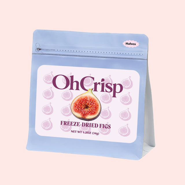 OhCrisp freeze-dried fig halves in a resealable 1.2 oz bag