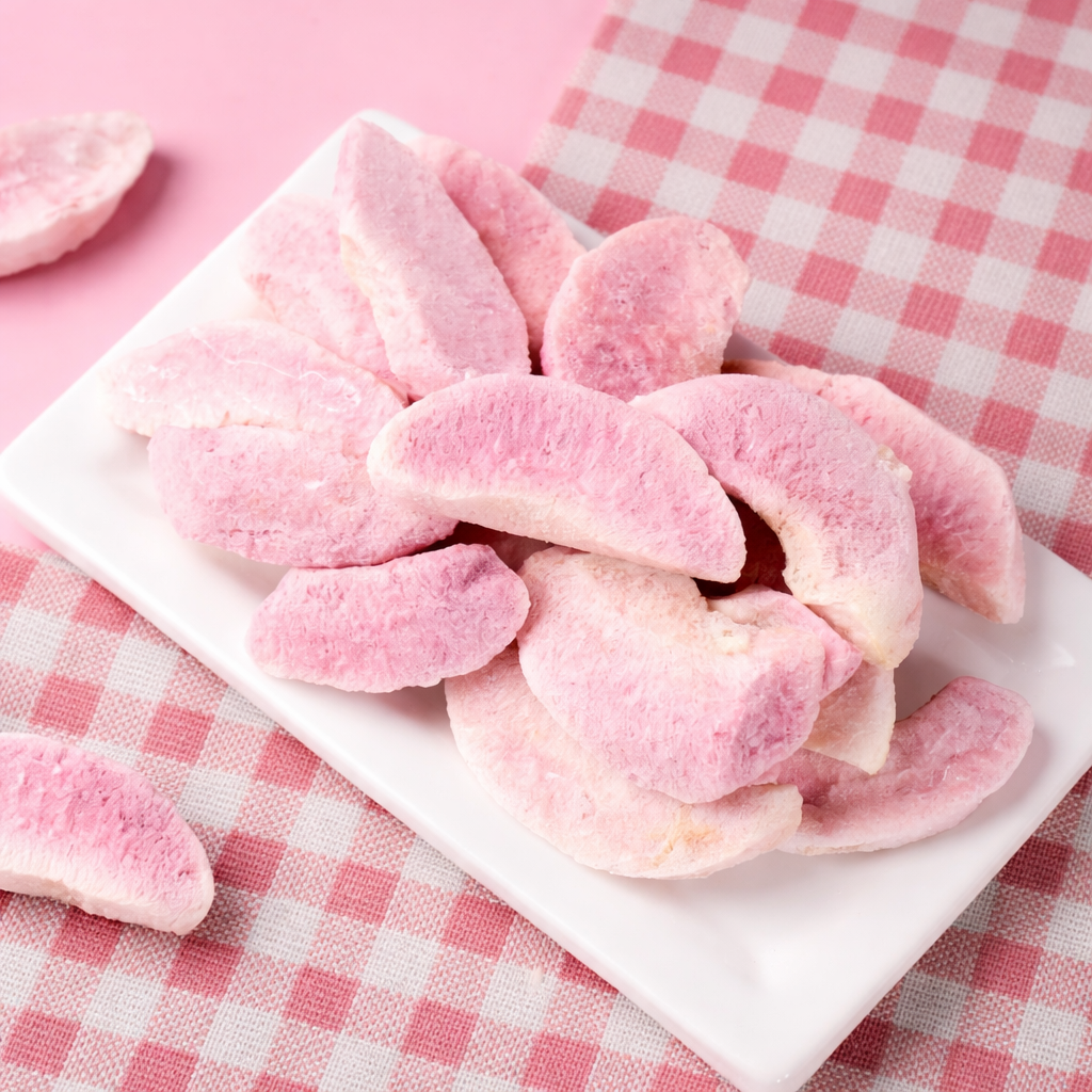 Pink freeze dried peach on a white plate with a pink checkered tablecloth