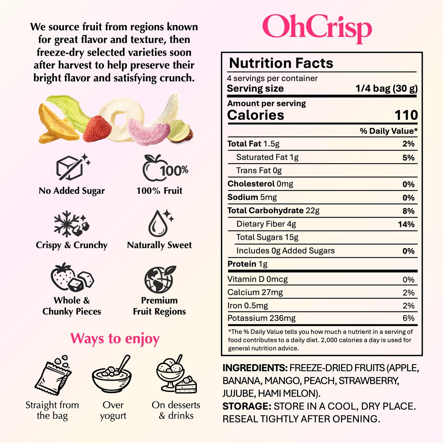 Back of OhCrisp Classic Fruits Mix bag