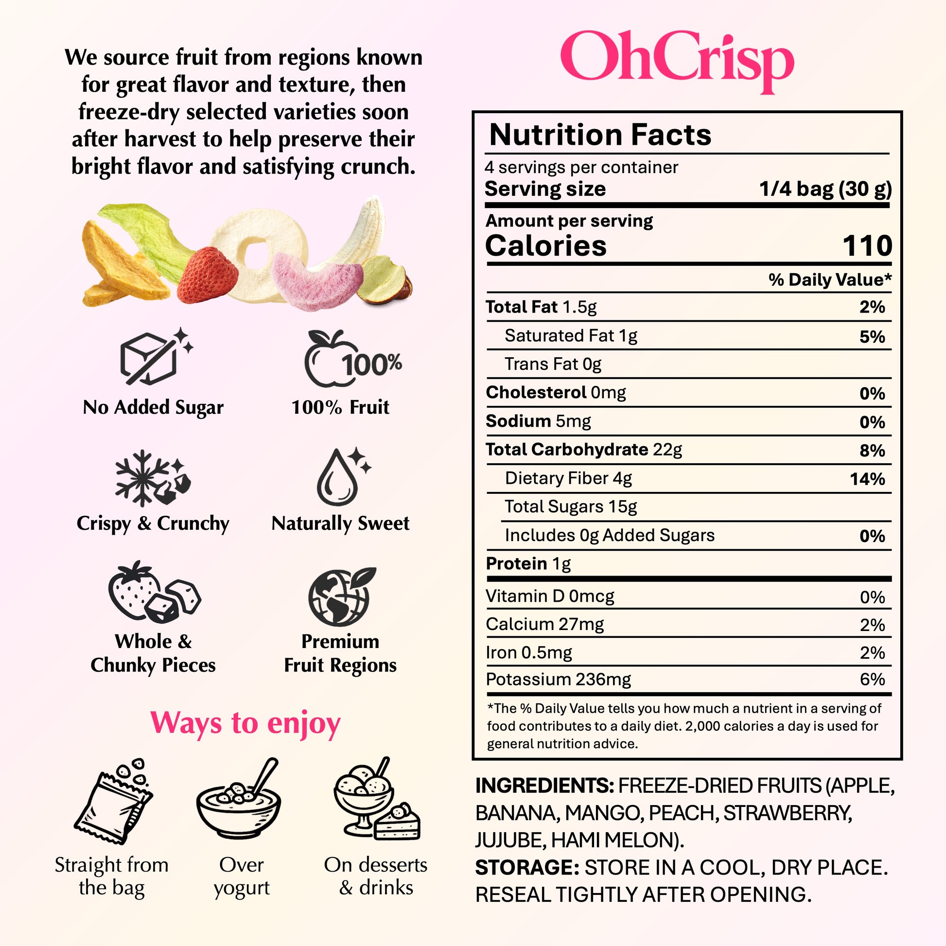 Back of OhCrisp Classic Fruits Mix bag