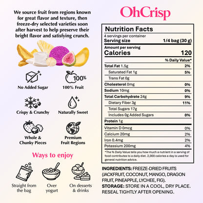 Back of OhCrisp Exotic Fruits Discovery Mix bag