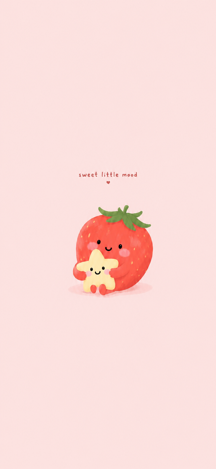 Cute strawberry character holding a small star on a soft pink iPhone wallpaper.